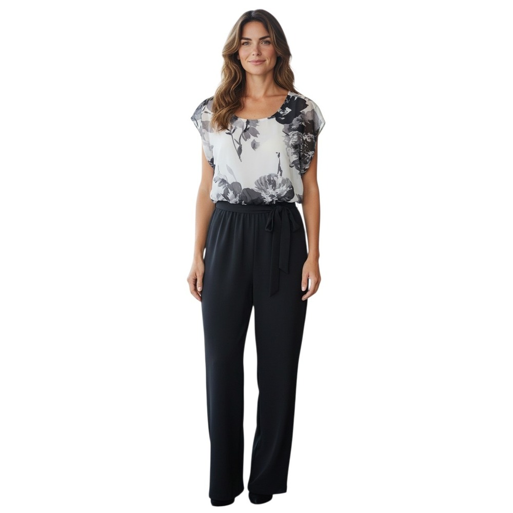 Enfocus Studio Womens Floral Chiffon Jumpsuit Black White Metallic Size 10